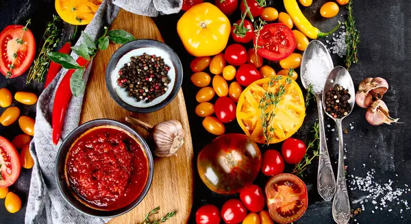 Domates sosu. Üst manzara, düz uzanma 