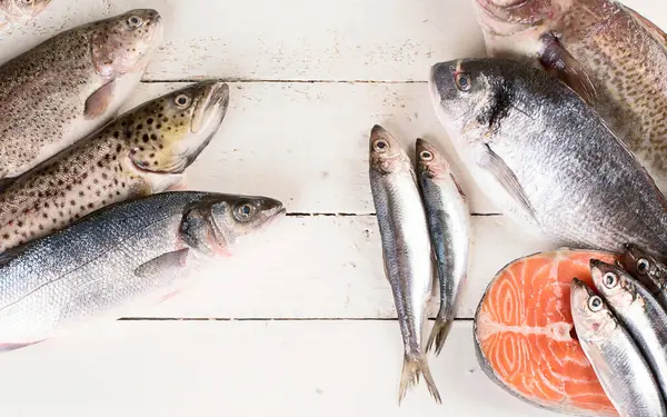 Beyaz ahşap arka planda taze balık ve deniz ürünleri. Sağlıklı beslenme. Üst görünüm.