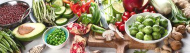 Sebze, meyve, tahıl, fasulye, vejetaryen, vejetaryen, temiz beslenme. Diyet gıda konsepti. Sağlıklı gıda geçmişi, panorama, afiş
