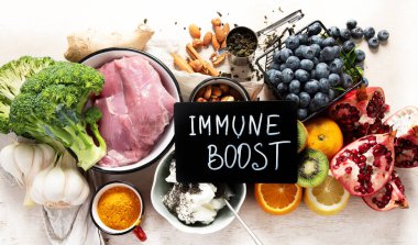 Sağlıklı ürünler, bağışıklık güçlendiriciler. Sağlıklı bağışıklık sistemi için meyve ve sebze. Üst görünüm. 