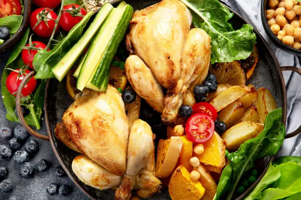 Koyu arkaplanda patates, salata ve sebzeli kızarmış tavuk. Üst görünüm.