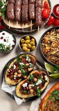 Türklerin çeşitli yemekleri ve aperatifleriyle servis edilen taze sebze salatasıyla lezzetli et kebabı. Üst Manzara. Boşluğu kopyala.