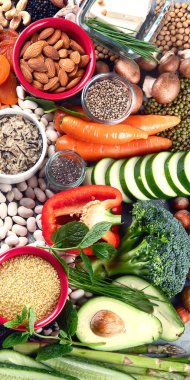 Bitki bazlı protein diyeti. Yüksek miktarda bitki proteini, antioksidan, vitamin ve lif içeren sağlıklı yiyecekler. Üst görünüm