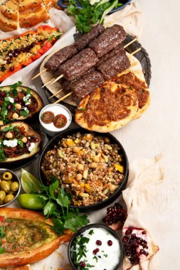 Türklerin çeşitli yemekleri ve aperatifleriyle servis edilen taze sebze salatasıyla lezzetli et kebabı. Üst Manzara. Boşluğu kopyala.