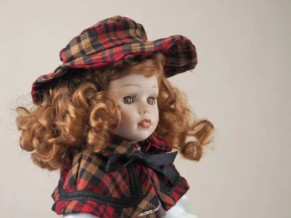 Vintage Porcelain Doll Girl Brown Eyes Red Flowing Curly Hair — Stock Photo, Image