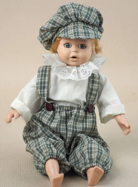 Vintage Porcelain Doll Blue Eyed Blonde Short Haircut Blouse Lace — Stock Photo, Image