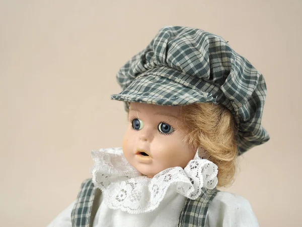 Vintage Porcelain Doll Blue Eyed Blonde Short Haircut Blouse Lace — Stock Photo, Image