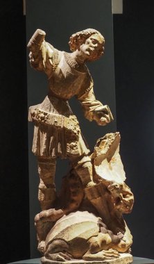 St. George and the Dragon. Lime sandstone with traces of polychromy. Late 14th century. Creator: Master of Grosslobming, active circa 1370 - 1390