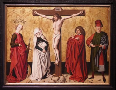 Christus on the Cross with Saints, painting on spruse, circa 1475 - 1480. Creator: Master of Grossgmain. active cira 1475 - 1500 in Salzburg