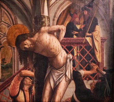 The Flagellation of Christ.  Fragment of a panel from the former high altarpiece of the Franciscan Church in Salzburg. Painting on Swiss stone rine. Before 1497 / 1498. Creator: Michael Pacher, Brunico circa  1460 - 1498 Salzburg