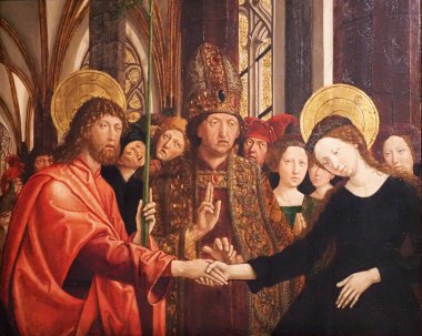 The Betrothal of the Virgin.  Fragment of a panel from the former high altarpiece of the Franciscan Church in Salzburg. Painting on Swiss stone rine. Before 1497 / 1498. Creator: Michael Pacher, Brunico circa  1460 - 1498 Salzburg