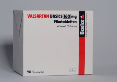 Bavyera, Almanya - 9 Aralık 2023: Valsartan Temel İlaç Şirketi 160 mg.