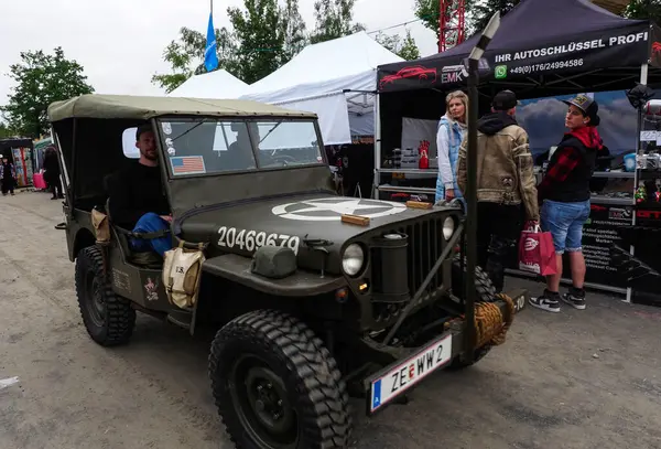 stock image Willys MB (Willys) is an American army off-road vehicle from the Second World War. Serial production began in 1941 at the factories of Willys-Overland Motors and Ford. - A traditional exhibition of American oldtimers began to work in the Pullman City