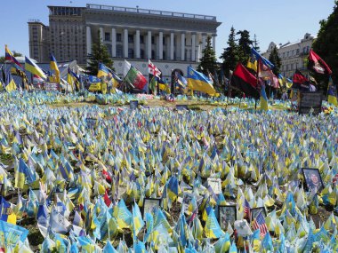 Kyiv, Ukrayna - 17 Mayıs 2024: Kyiv 'deki Bağımsızlık Meydanı çimenliğine Rus saldırısına karşı savaşta ölenlerin isimlerinin yazılı olduğu yüzlerce bayrak dikildi. 