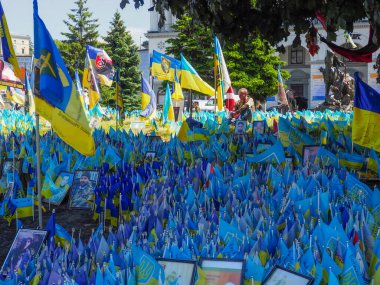 Kyiv, Ukrayna - 17 Mayıs 2024: Kyiv 'deki Bağımsızlık Meydanı çimenliğine Rus saldırısına karşı savaşta ölenlerin isimlerinin yazılı olduğu yüzlerce bayrak dikildi. 