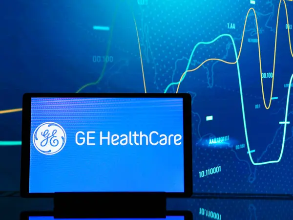 stock image Germany - July 30, 2024: In this photo illustration,  GE HealthCare Technologies, Inc. logo seen displayed on a tablet.