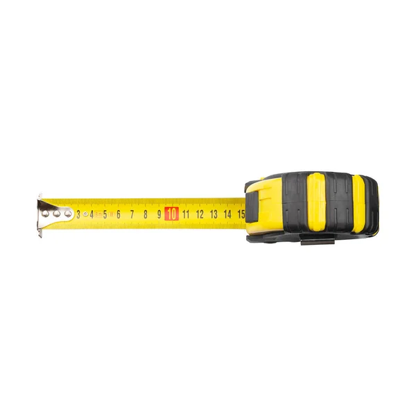 Žlutá Konstrukční Páska Opatření Izolované Bílém Pozadí Horní Pohled — Stock fotografie