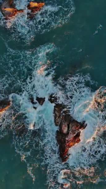 Widok Lotu Ptaka Fale Skały Morzu Pionowe Wideo — Wideo stockowe