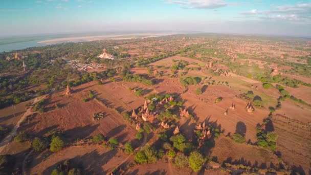 Flying Temple Bagan Evening Myanmar Burma — стоковое видео
