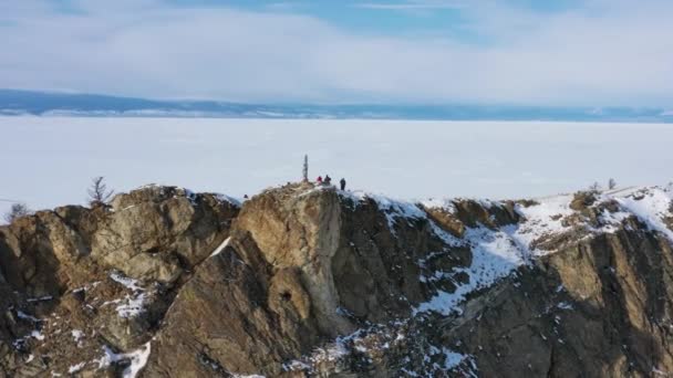 Aeriană Jurul Valorii Vedere Lacul Înghețat Baikal Insula Olkhon Pelerină — Videoclip de stoc