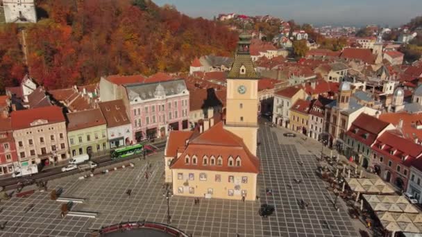 Vedere Aeriană Jurul Orașului Vechi Brașov Piața Sfatului Toamnă Regiunea — Videoclip de stoc