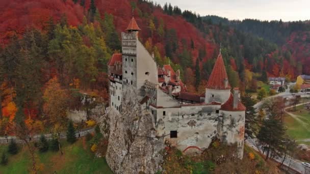 Vzduch Kolem Výhledu Hrad Bran Transylvánii Rumunsko Podzimní Období Tmavé — Stock video