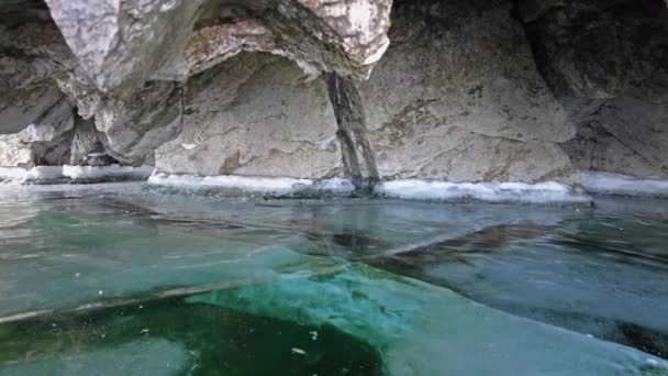 Ice Cave Baikal Lake Winter Clear Transparent Ice Icicles Grotto — Stock videók