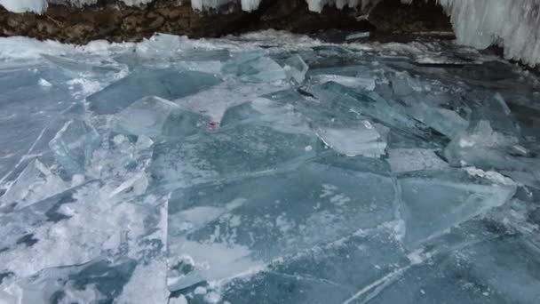 Ice Cave Baikal Lake Winter Clear Transparent Ice Icicles Grotto — Stock Video