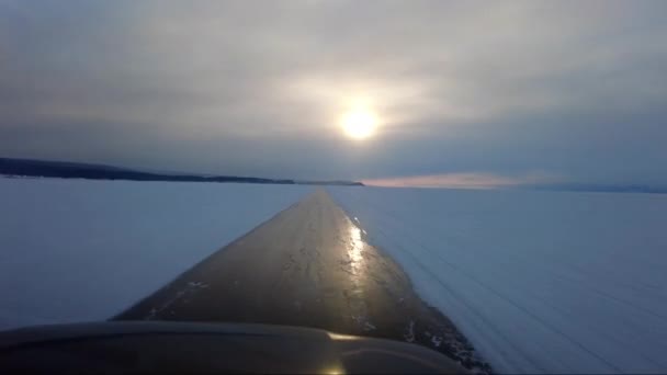 Driving Automobile Road Ice Winter Lake Baikal Sunset Russia — Stockvideo