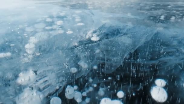 Beautiful Transparent Blue Ice Frozen Methane Bubbles Baikal Lake Background — Stock Video