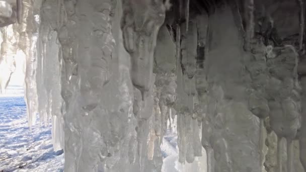 Ice Cave Baikal Lake Winter Blue Ice Icicles Grotto Sunset — 图库视频影像