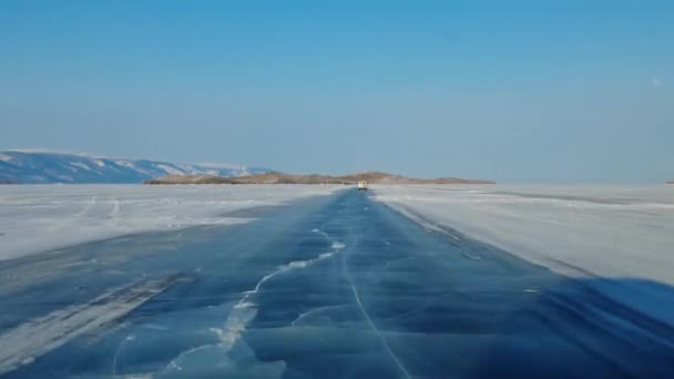 Driving Automobile Road Ice Winter Lake Baikal Russia — Wideo stockowe