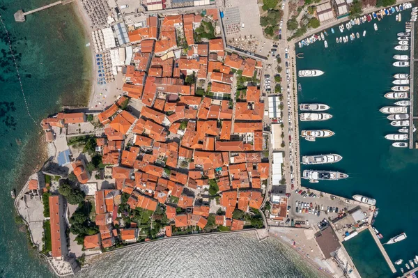 Aerial Top View Walled Old Town Budva City Pier Moored — Fotografia de Stock