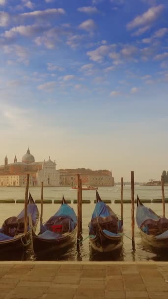 Traditional Gondolas Canal Grande San Giorgio Maggiore Church Background Morning — Vídeos de Stock