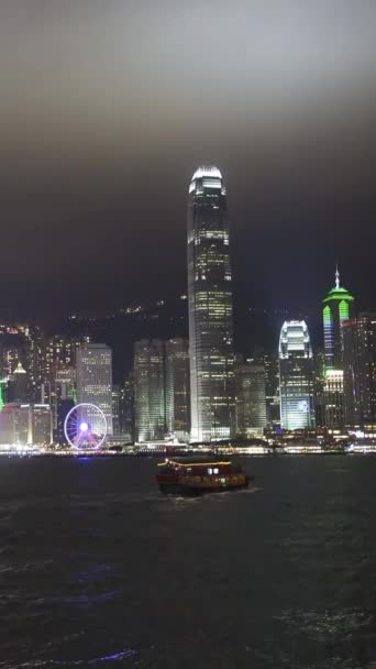 Hong Kong Night Boats Victoria Harbour Hong Kong Central Vertical — Video Stock