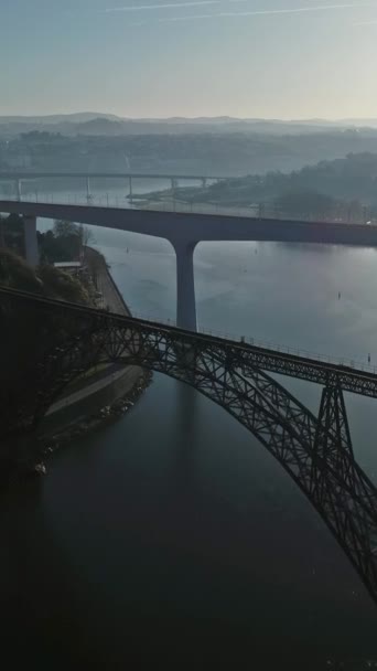Flying Bridges Douro River Porto Morning Portugal Vertical Video — Stock video