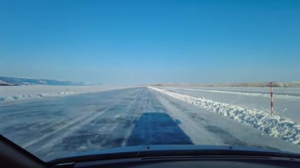 Driving Automobile Road Ice Winter Lake Baikal Russia — Stock Video