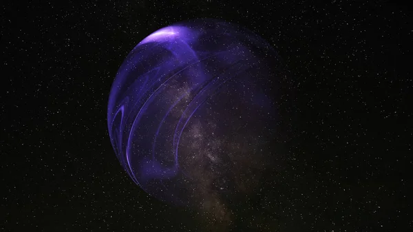 Abstract violet glow transparent sphere, science background. Digital technology planet structure in space