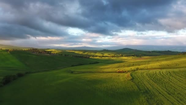 Toscana Antenn Soluppgång Jordbruksmark Bergslandskap Italien Europa — Stockvideo