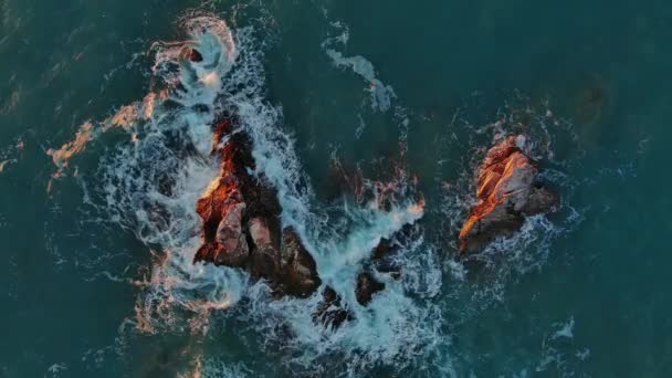 Aerial Top View Waves Rocks Sea Slow Motion — Stockvideo