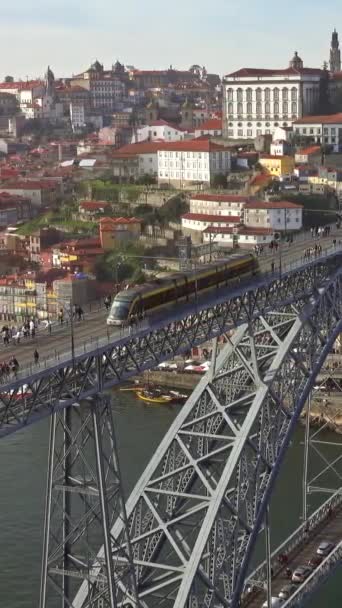 Trein Dom Luis Brug Douro Rivier Porto Portugal Verticale Video — Stockvideo