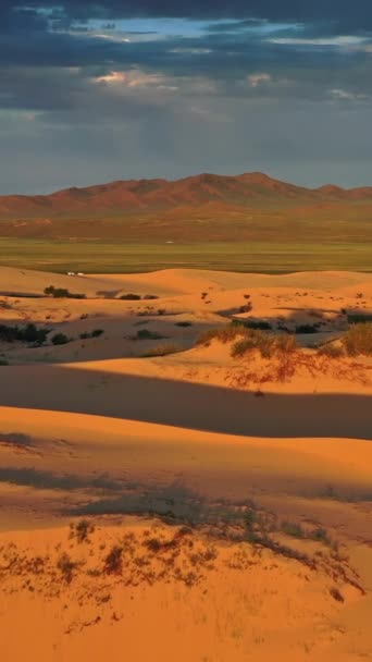 在蒙古日出时俯瞰的沙丘是Elsen Tasarhai Bayan Gobi 垂直录像 — 图库视频影像