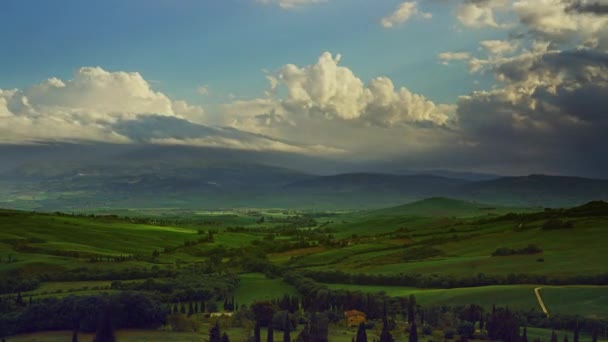 Paisagem Toscana Pôr Sol Com Casa Fazenda Colinas Vinha Itália — Vídeo de Stock