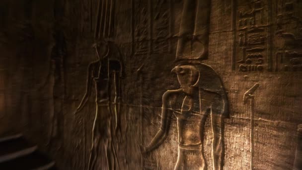 Світло Ієрогліфічних Малюнках Картинах Стіні Темного Коридору Гробниці Стародавнього Єгипетського — стокове відео