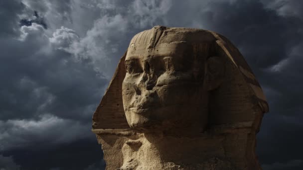 Διάσημη Αρχαία Αιγυπτιακή Σφίγγα Κεφάλια Χαμόγελα Και Κλείνει Μάτι Γκίζα — Αρχείο Βίντεο