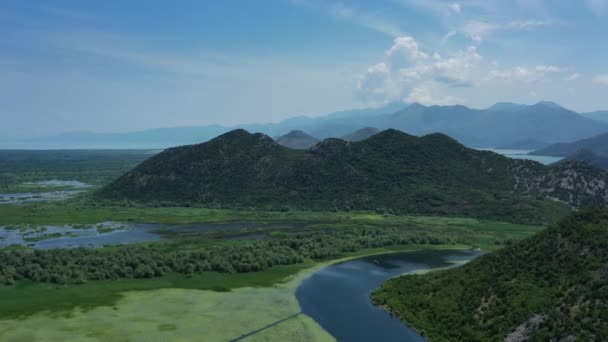 Αεροφωτογραφία Της Όμορφης Λίμνης Skadar Μεταξύ Των Βουνών Καλοκαίρι Μαυροβούνιο — Αρχείο Βίντεο