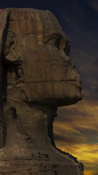 Sfinxhuvud Och Solnedgångs Moln Vid Giza Kairo Egypten Timelapse Vertikal — Stockvideo