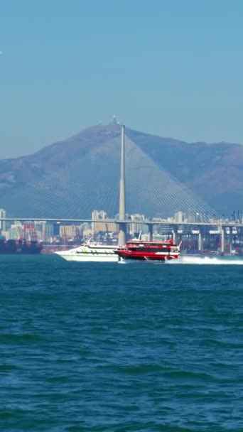 香港港とストーンカッターズ橋のフェリー船 垂直ビデオ — ストック動画