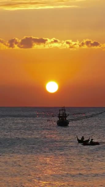 Fishing Boat Sea Backdrop Setting Sun Vertical Video Stock Video