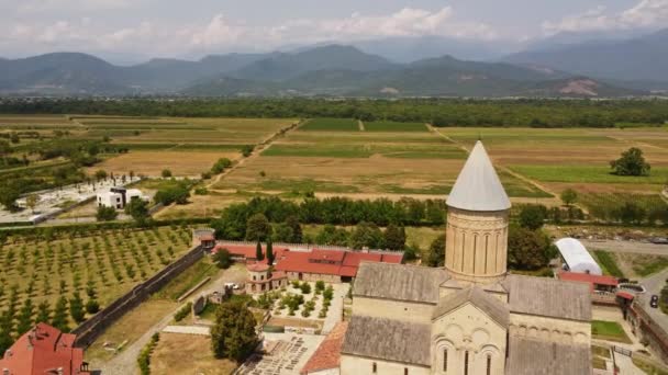 Widok Lotu Ptaka Klasztor Alaverdi Pola Uprawne Region Kachetii Gruzja — Wideo stockowe